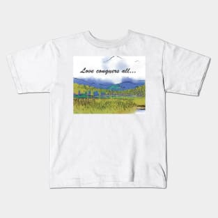 Love Conquers All Mountain Meadow Lake Kids T-Shirt